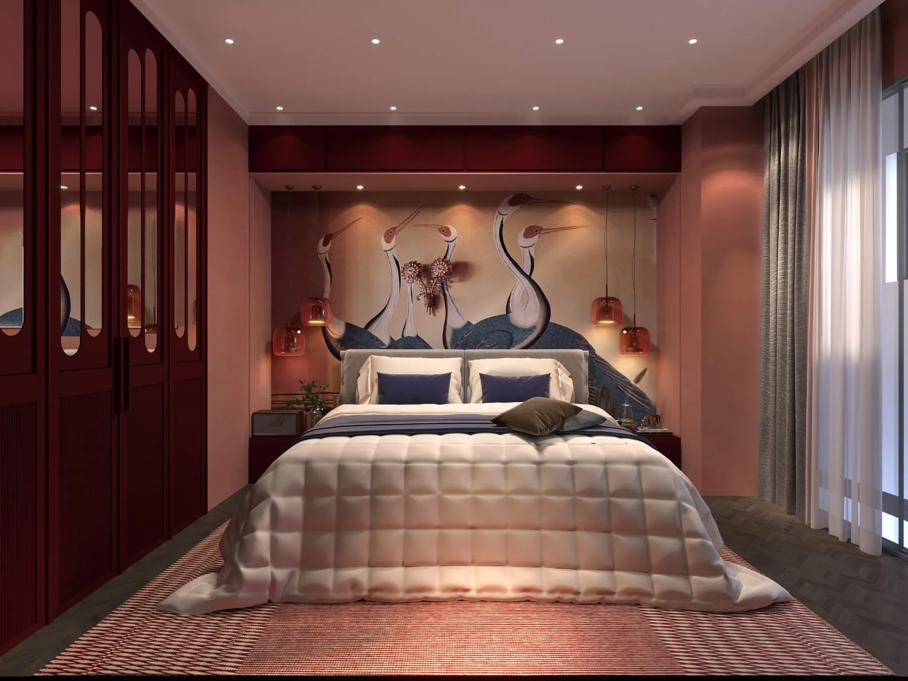 Mirante · Bedroom with crane mural