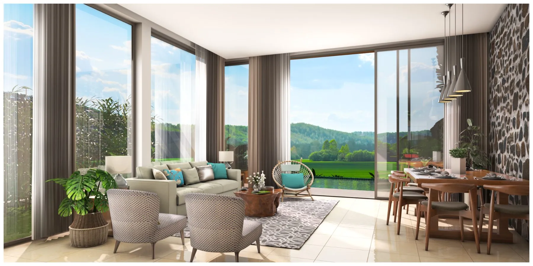 Mistura · Living and dining with paddy-field views