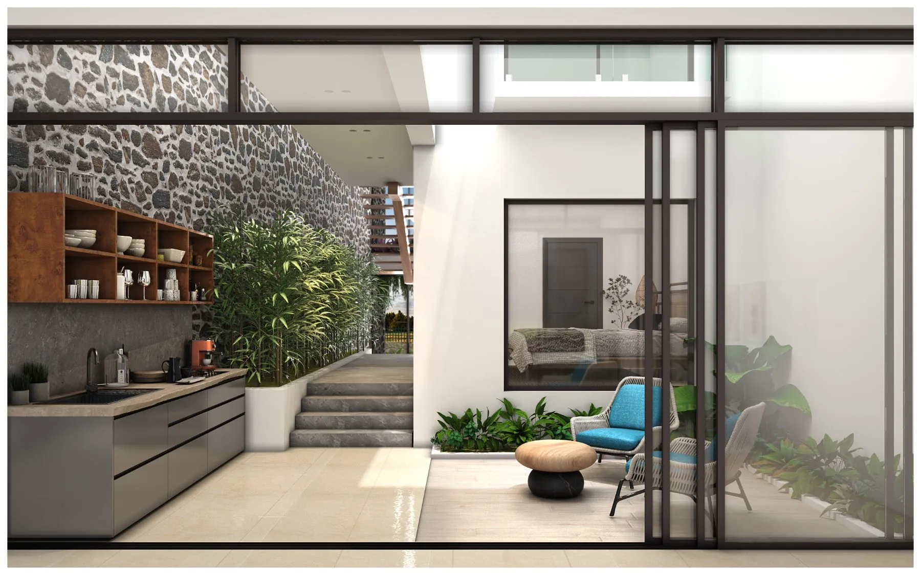 Mistura · Courtyard kitchen with stone wall