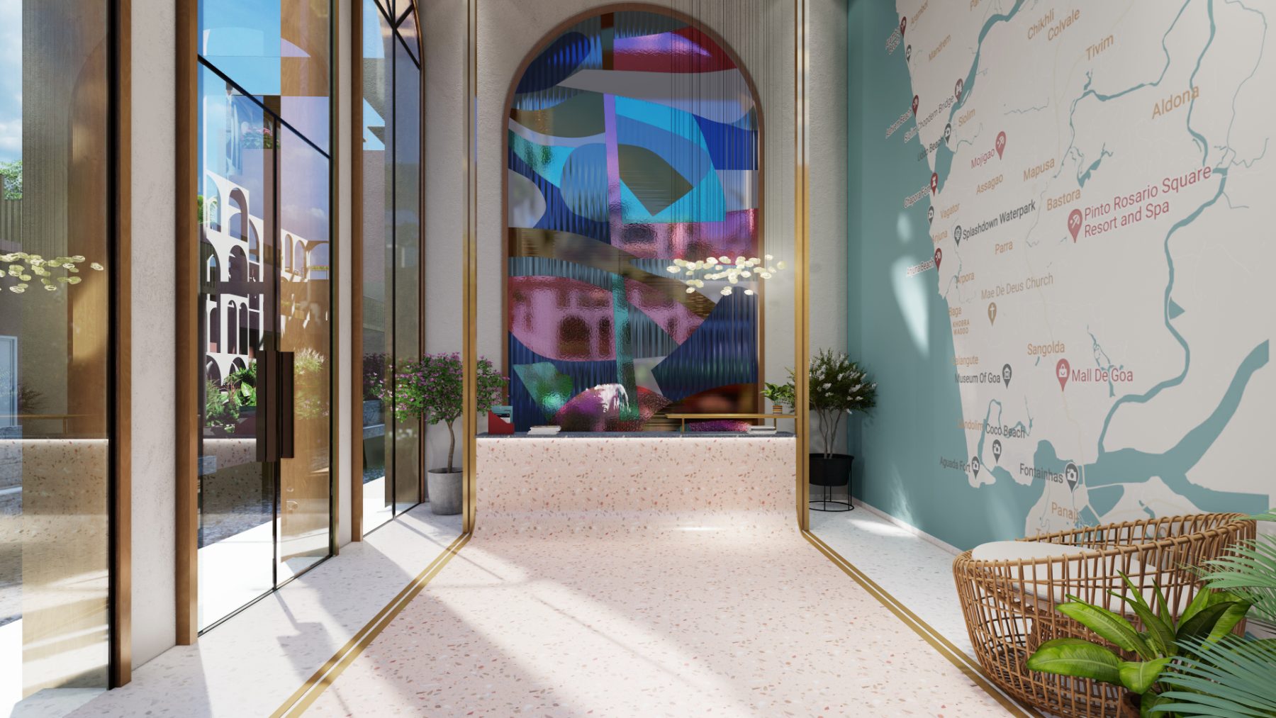 Melhor · Reception lobby with Goa map mural