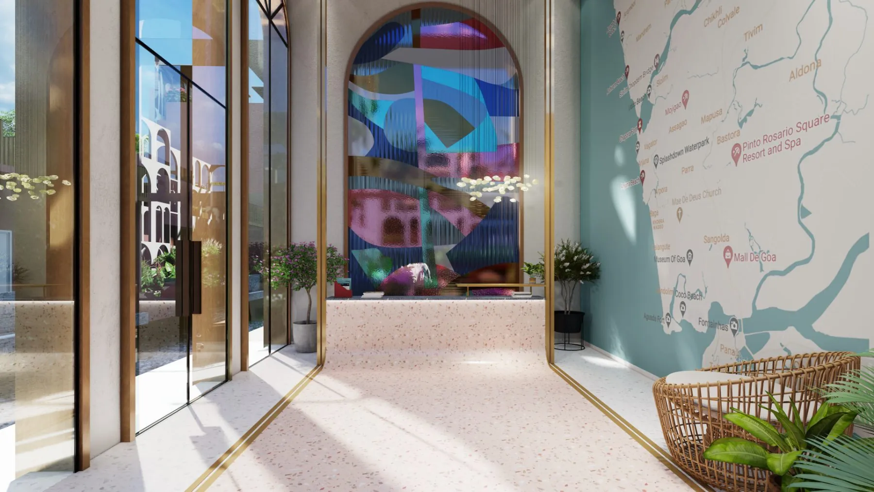 Melhor · Reception lobby with Goa map mural